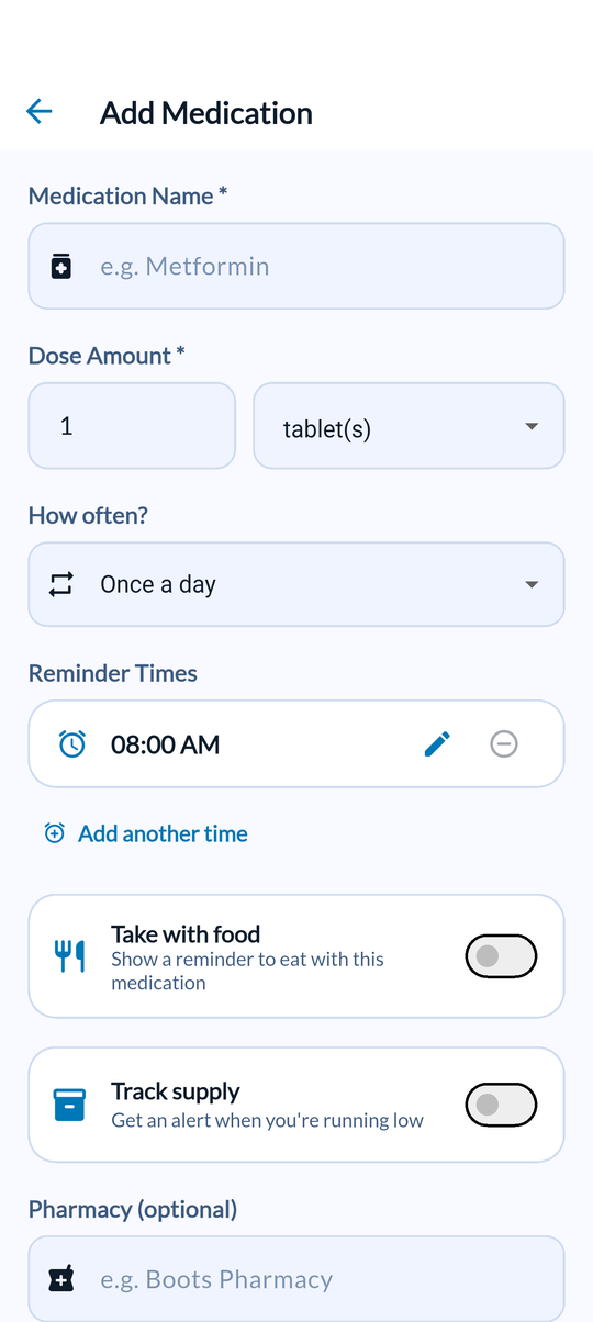 MedMate add medication screen