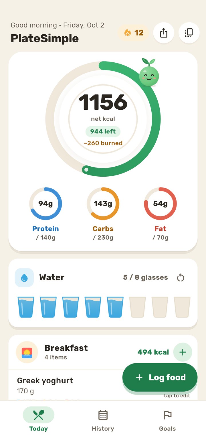 PlateSimple today screen with calorie ring