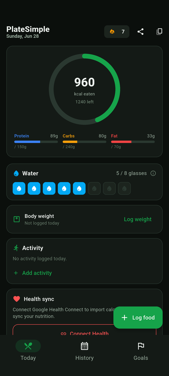 PlateSimple today screen with calorie ring