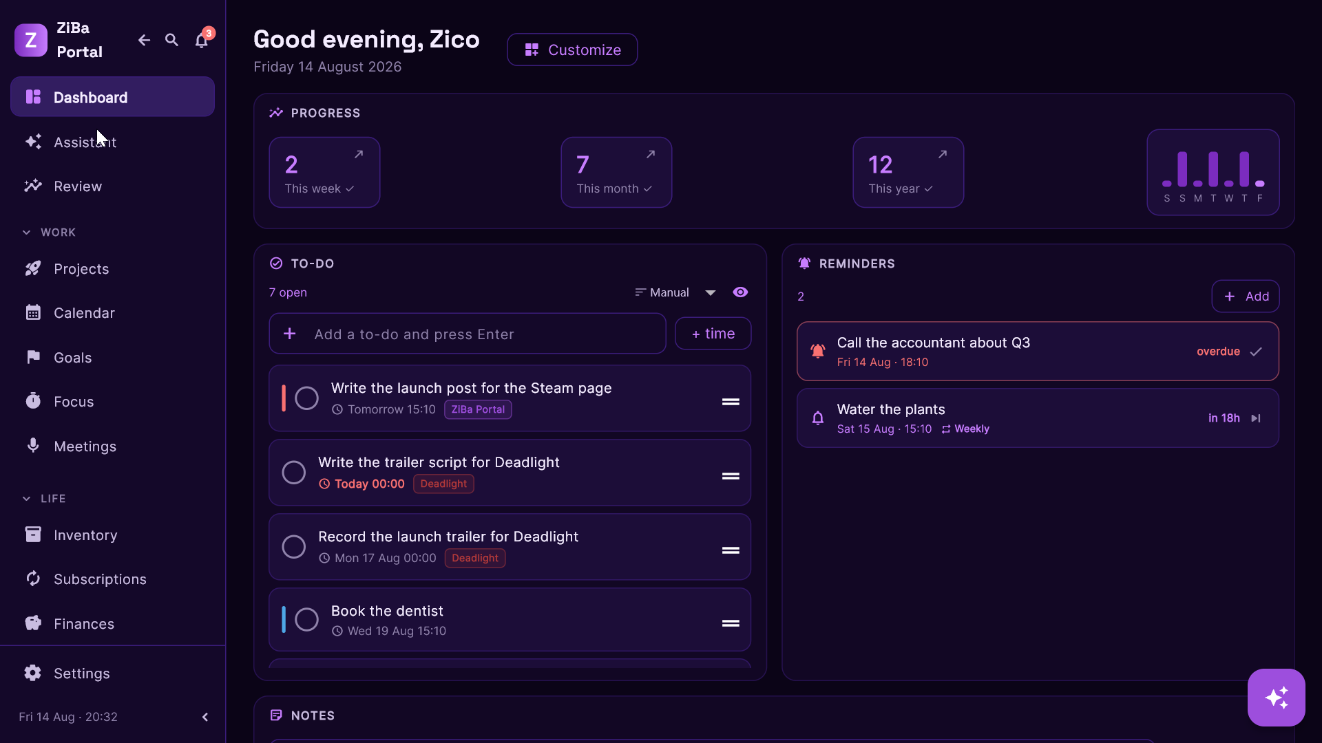 ZiBa Portal dashboard with todos, notes, habits and finances